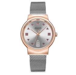ساعة نسائية من جوليوس الكورية جاي اي1187 دائرية ذهبية سير ستين ستيل فضي مينا فضية JULIUS Watch JA-1187 for Women - Analog, Stainless Steel - Silver