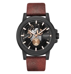 ساعة رجالية من جوليوس الكورية جاي اي اج 147سي دائرية سوداء سير جلد شاموا لون ماروني مينا سوداء مكينة بلون نحاسي JULIUS Watch for Men JAH-147 - Analog, Leather - Maroon