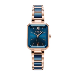 ساعة جوليوس النسائية الكورية مستطيله ذهبيه وزرقاء سوار ذهبي سيراميك ازرق ومينا زرقاء JULIUS Watch for Women JA-1273 - Analog, Stainless Steel - Blue - Gold