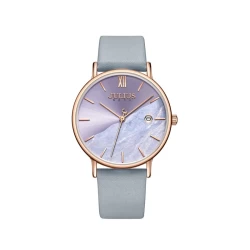 ساعة جوليوس الكورية 1312 النسائية الأنيقة دائرية ذهبيه وحزام جلد ازرق فاتح ومينا متعددة الالوان JULIUS Watch for Women JA-1312 - Analog, Leather - Light Blue