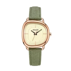 ساعة نسائية كورية جاي اي 1393 اي ذهبيه بسوار جلد اخضر ومينا صفراء JULIUS Watch for Women JA-1393 - Analog, Leather - Green