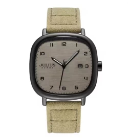 ساعة رجالية من جوليوس الكورية مربعة رصاصي سير جلد شاموا بيجي مع مينا بيجي JULIUS Watch for Men JAH-123 - Analog, Leather - Brown