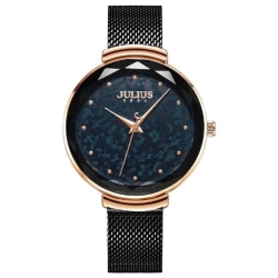 ساعة نسائية من جوليوس الكورية دائرية ذهبية وسير ستين ستيل اسود ومينا اسود JULIUS Watch for Women JA-1189D - Analog, Stainless Steel - Black