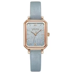 ساعة نسائية من جوليوس الكورية مستطيلة ذهبية وسير جلد ازرق ومينا ازرق JULIUS Watch for Women JA-1387 - Analog, Leather - Light Blue