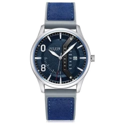 ساعة رجالية من جوليوس الكورية دائرية سيلفر سير جلد شموا ومطاط ازرق مع مينا نيلي JULIUS Watch for Men - Analog Display, Leather Band - Blue