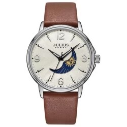 ساعة رجالية من جوليوس الكورية دائرية سيلفر سير جلد جوزي مع مينا بيضاء JULIUS Watch for Men - Analog Display, Leather Band - Brown