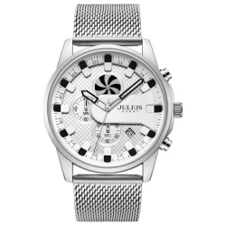 ساعة رجالية من جوليوس الكورية دائرية سيلفر سير ستين ستيل سيلفر مع مينا سيلفر JULIUS Watch for Men - Analog Display, Stainless steel Band - silver