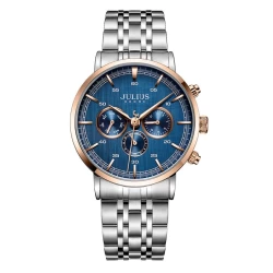 ساعة رجالية من جوليوس الكورية دائرية ذهبي سير ستين ستيل سيلفر مع مينا زرقاء JULIUS Watch for Men - Analog Display, Stainless Steel Band - Blue