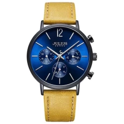 ساعة رجالية من جوليوس الكورية دائرية سوداء سير جلد اصفر مينا زرقاء JULIUS Watch for Men - Analog Display, Leather Band