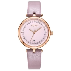 ساعة نسائية كورية من جوليوس الكورية دائرية ذهبية سير جلد وردي ومينا ورديه JULIUS Watch for Women - Analog Display, Leather Band - Pink