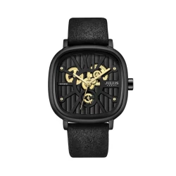 ساعة رجالية من جوليوس الكورية مربعة سوداء وسير جلد اسود مع مينا سوداء ومكينه ذهبي JULIUS Watch For Men - Analog Display, Leather Band - Black