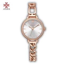 ساعة جوليوس نسائية JA-1290 ساعة دائرية بسير استن ستيل ذهبي وردي ومينا بيضاء JULIUS Watch JA-1290 For Women - Analog Display, Stainless Steel Band - Rose