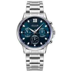 ساعة رجالية من جوليوس الكورية دائرية سيلفر سير ستين ستيل سيلفر مع مينا ازرق JULIUS Watch for Men JAH-113 - Analog Display, Stainless steel Band - silver