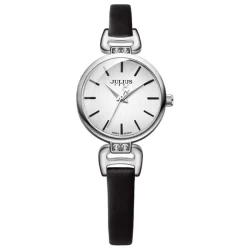 ساعة نسائية من جوليوس الكورية جاي اي 925 دائرية فضية سير جلد اسود مينا بيضاء JULIUS Watch JA-925A for Women - Analog, Leather - Black