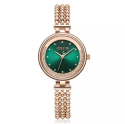ساعة نسائية من جوليوس الكورية جاي اي 1285 سي دائرية ذهبية, سير ستين ستيل ذهبي مينا اخضر JULIUS Watch JA-1285C for Women - Analog, Stainless Steel - Gold Rose - Green