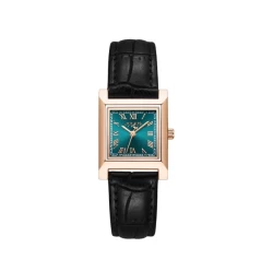 ساعة نسائية من جوليوس الكورية جاي اي1369 دي مربعه ذهبيه بسوار اسود ومينا فيروزي JULIUS Watch JA-1369D for Women - Analog, Leather - Black