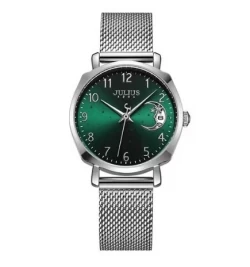 ساعة نسائية من جوليوس الكورية جاي اي 1146 اي ساعة دائرية فضية وسير فضي مع مينا خضراء JULIUS Watch JA-1146 for Women - Analog, Stainless Steel - Silver