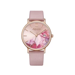 ساعة نسائية من جوليوس الكورية ذهبيه بحزام جلدي وردي ومينا ذهبي مع ازهار ورديه JULIUS Watch for Women JA-1312 - Analog, Leather - Light Blue