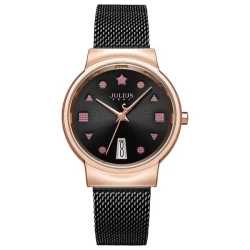 ساعة رجالية من جوليوس الكورية دائرية ذهبي سير ستين ستيل سيلفر مع مينا سوداء JULIUS Watch JA-1187 for Women - Analog, Stainless Steel - Black