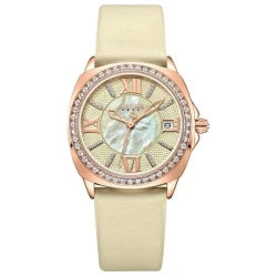 ساعة نسائية من جوليوس الكورية دائرية ذهبية وسير ستين ستيل حليبي ومينا حليبي JULIUS Watch for Women -JA-1401 - Analog, Leather - Milky