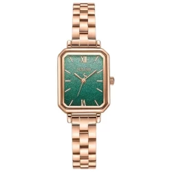 ساعة نسائية من جوليوس الكورية مستطيلة ذهبية وسير ستين ستيل ذهبي ومينا خضراء JULIUS Watch for Women - Analog Display, Stainless Steel Band - Rose Gold