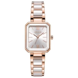 ساعة نسائية من جوليوس الكورية مستطيلة ذهبية سير سيراميك مع فولاذ ذهبي ومينا بيضاء JULIUS Watch For Women - Analog Display, Stainless Steel Band - Rose Gold