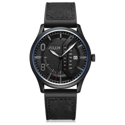 ساعة رجالية من جوليوس الكورية دائرية سوداء سير جلد شموا ومطاط اسود مع مينا سوداء JULIUS Watch for Men - Analog Display, Leather Band - Black