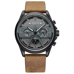 ساعة رجالية من جوليوس الكورية دائرية سوداء سير جلد شاموا جوزي مع مينا سوداء JULIUS Watch for Men - Analog Display, Stainless steel Band - Brown