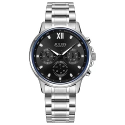 ساعة رجالية من جوليوس الكورية دائرية سيلفر سير ستين ستيل سيلفر مع مينا سوداء JULIUS Watch for Men - Analog Display, Stainless steel Band - silver