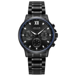 ساعة رجالية من جوليوس الكورية دائرية سوداء سير ستين ستيل اسود مع مينا سوداء JULIUS Watch for Men - Analog Display, Stainless Steel Band - Black