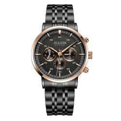 ساعة رجالية من جوليوس الكورية دائرية ذهبي سير ستين ستيل اسود مع مينا سوداء JULIUS Watch for Men - Analog Display, Stainless Steel Band - Black