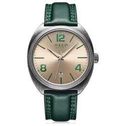 ساعة رجالية من جوليوس الكورية دائرية رصاصي سير جلد اخضر مع مينا ذهبي فاتح JULIUS Watch for Men JAH-122 - Analog Display, Leather - Green